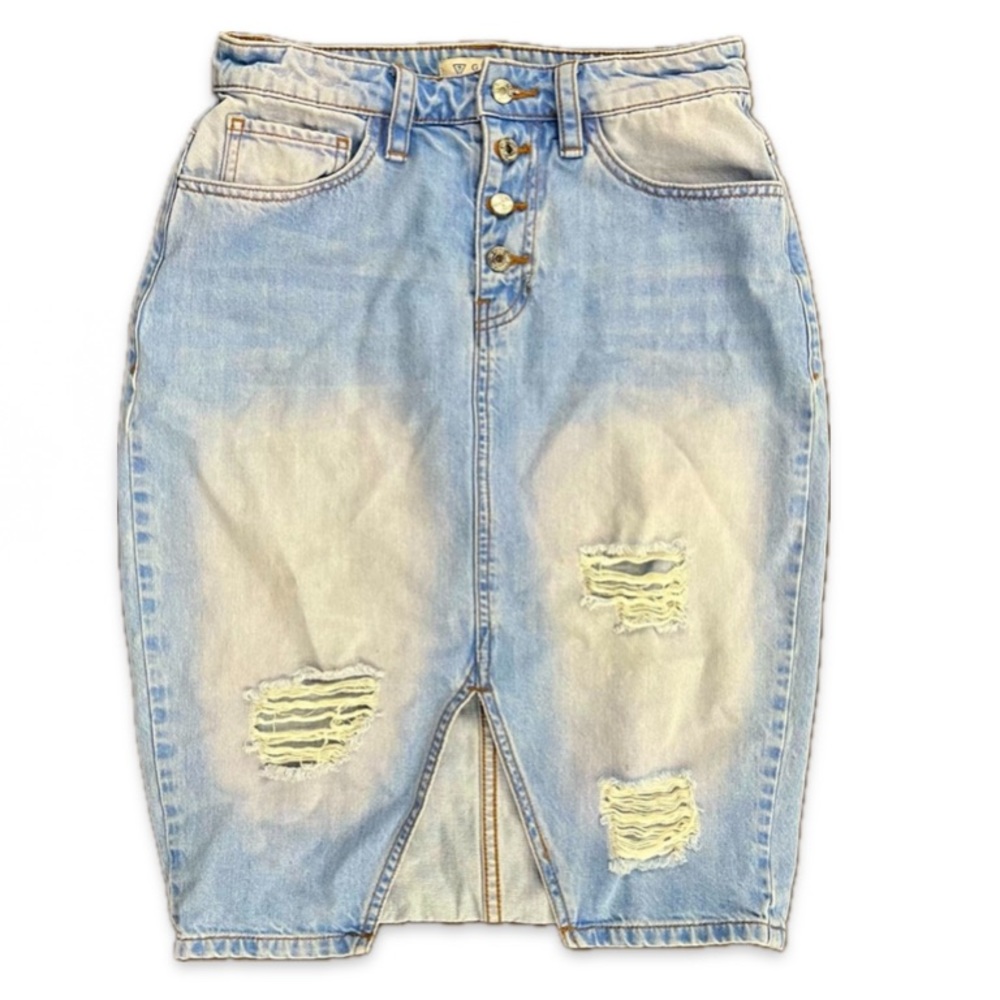 Guess Light Blue Distressed Denim Pencil Skirt with Front Slit